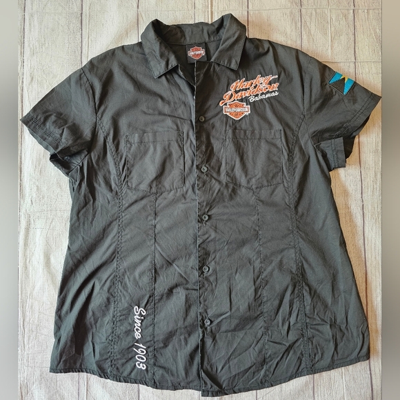 Harley-Davidson Bahamas Patch Women’s Size Large Shirt Black Cotton Button - Picture 2 of 9